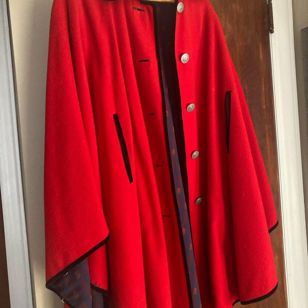 Red Wool Cape with Black Trim